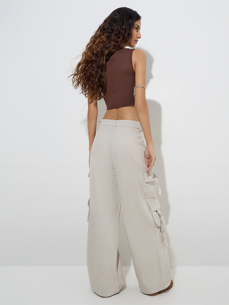 Westside Nuon Women's Beige Cargo-Style Relaxed-Fit Mid-Rise Jeans for Casual Wear Back View