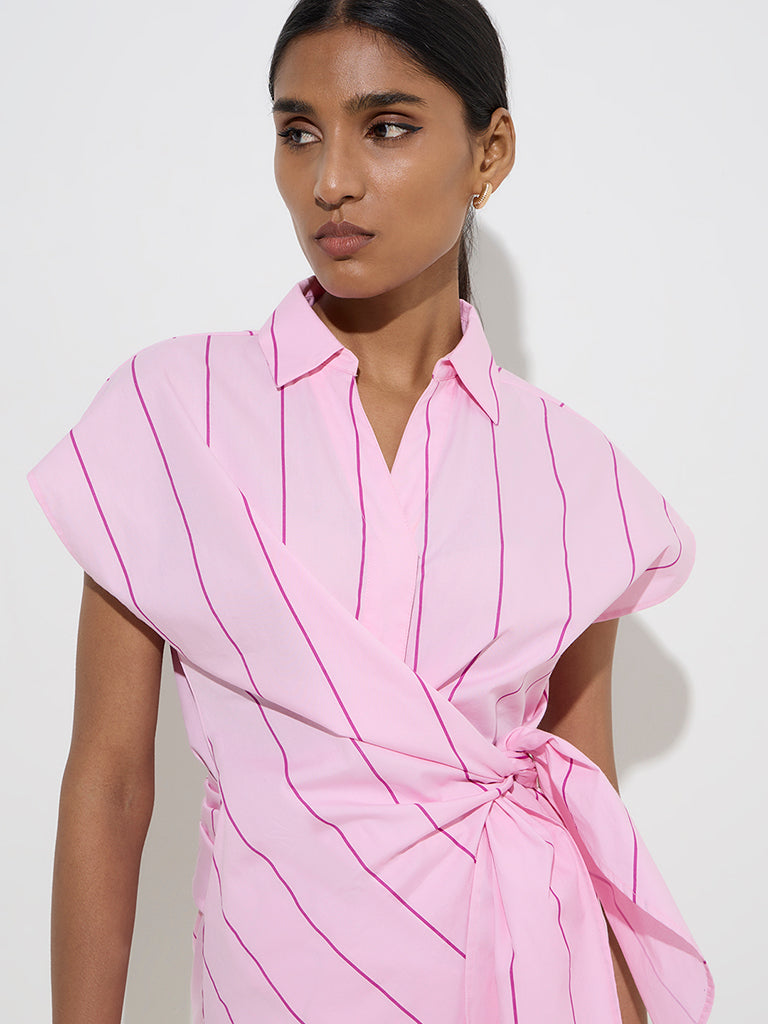 Wardrobe Pink Striped Knot-Detailed Blouse