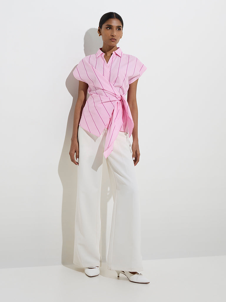 Wardrobe Pink Striped Knot-Detailed Blouse