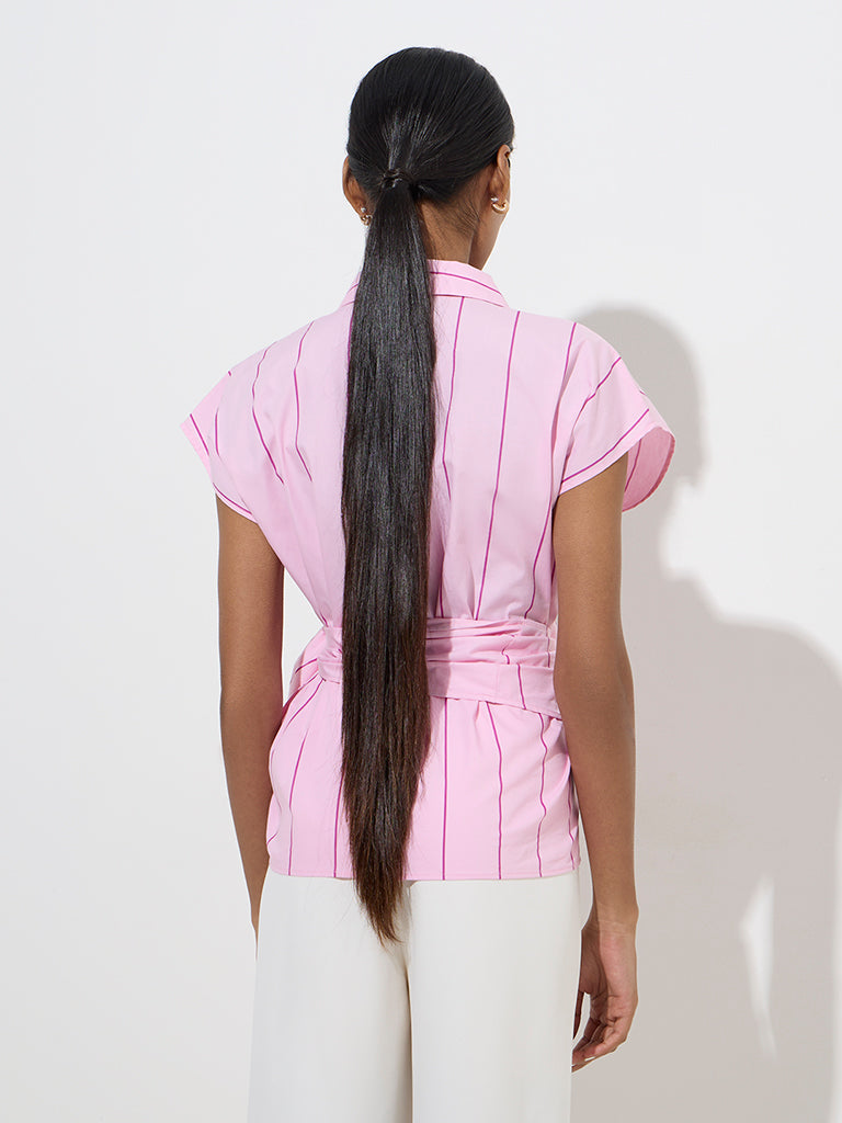 Westside Wardrobe Women's Pink Striped Knot-Detailed Blouse for Work Wear Back View