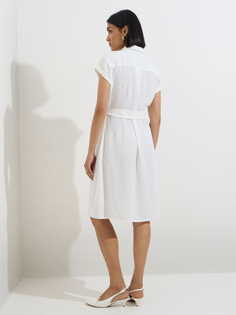 Westside Wardrobe Women's White Solid Cotton Shirt Dress with Belt for Work Wear Back View