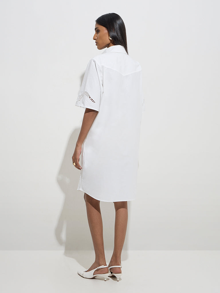 Westside Wardrobe Women's White Leaf Design Shirt Dress for Work Wear Back View