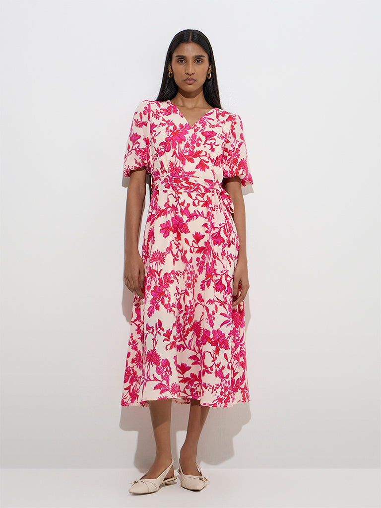 Wardrobe Pink Floral Design A-Line Dress with Belt