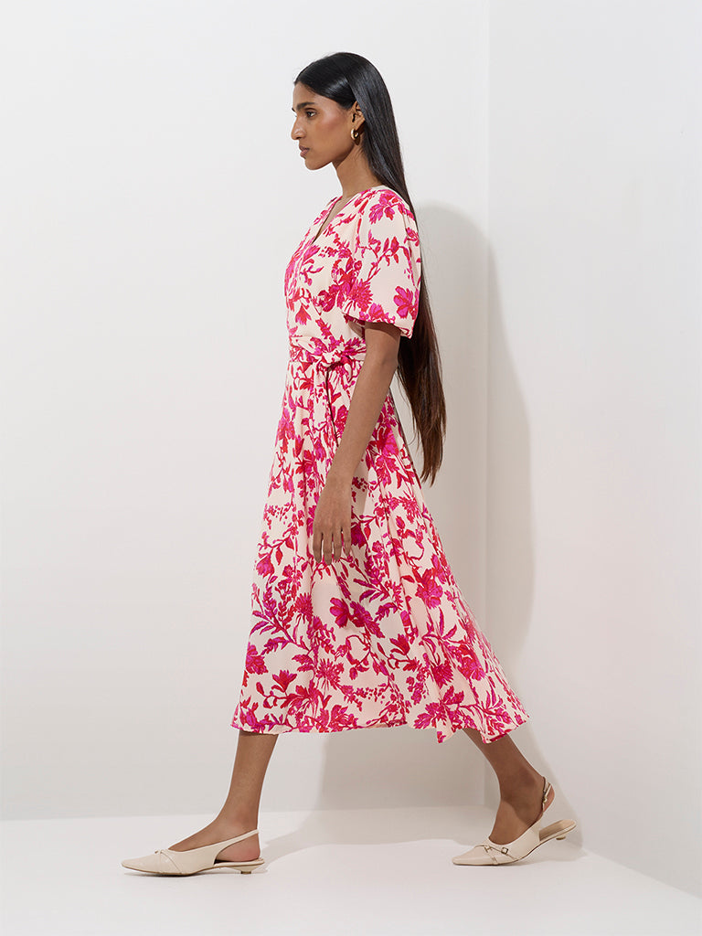 Wardrobe Pink Floral Design A-Line Dress with Belt
