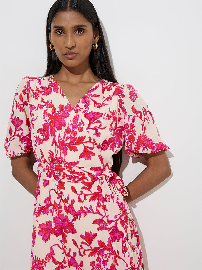 Wardrobe Pink Floral Design A-Line Dress with Belt