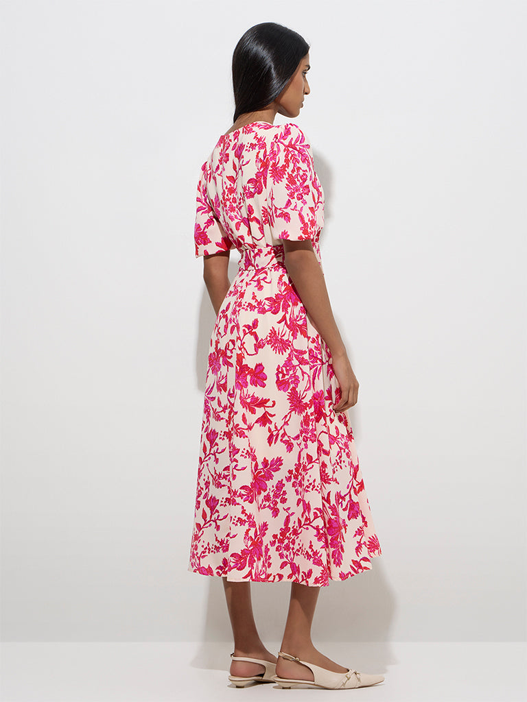 Wardrobe Pink Floral Design A-Line Dress with Belt