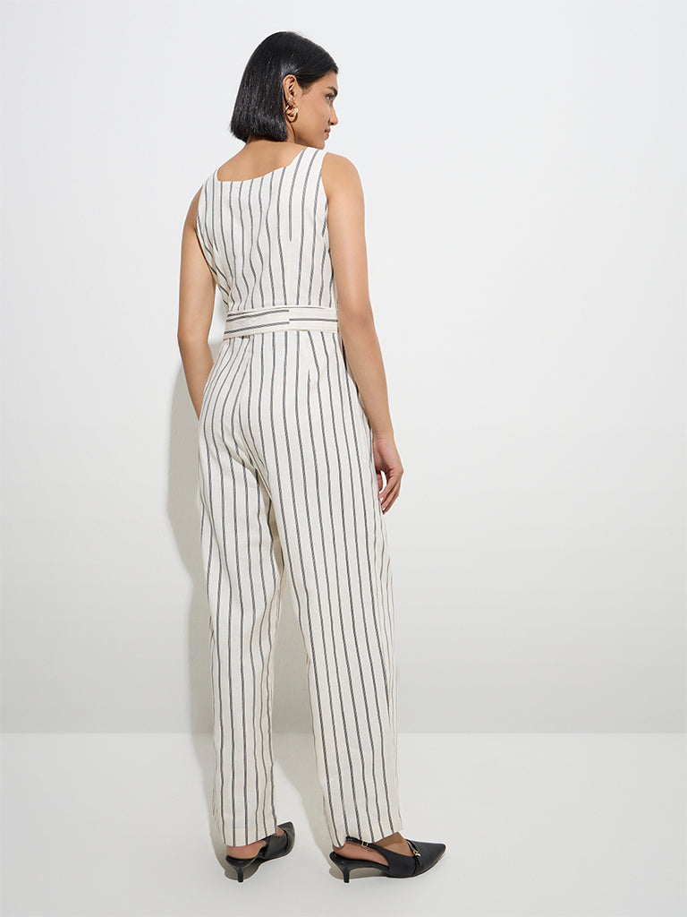 Westside Wardrobe Women's Off-White Striped Cotton-Blend Jumpsuit with Belt for Work Wear Back View