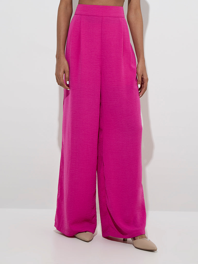 Wardrobe Fuchsia Crinkle-Textured High-Rise Trousers