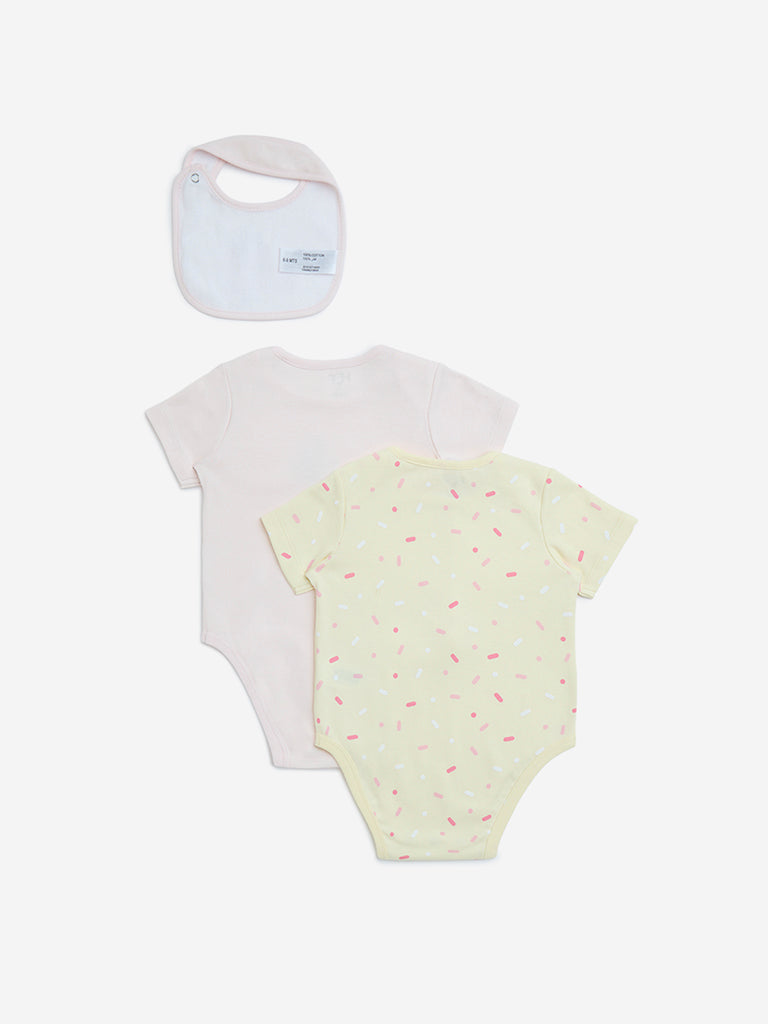 HOP Baby Pink Printed Cotton Rompers with Bib - Pack of 2