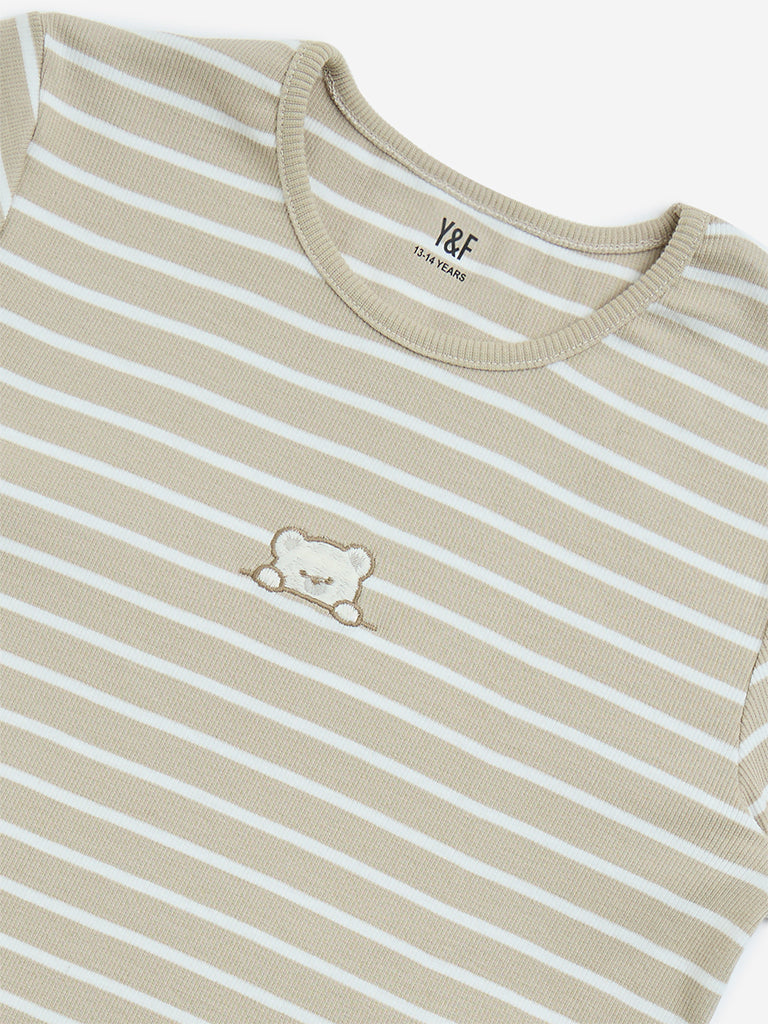 westisde Y&F Girls' Kids Beige Stripe Printed Cotton-Blend T-Shirt for Casual Wear Zoom View