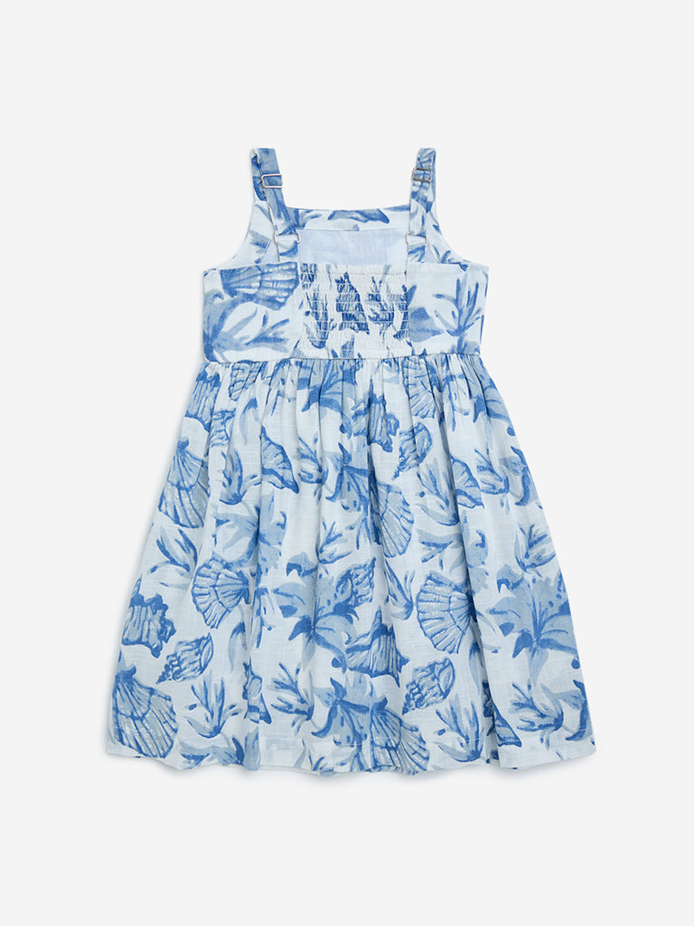 Utsa Kids Blue Sea-Shell Detailed Cotton A-Line Dress - (2-8yrs)