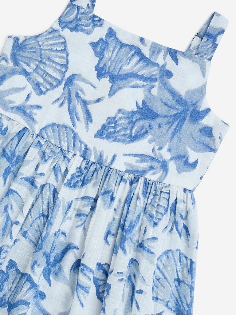 Utsa Kids Blue Sea-Shell Detailed Cotton A-Line Dress - (2-8yrs)