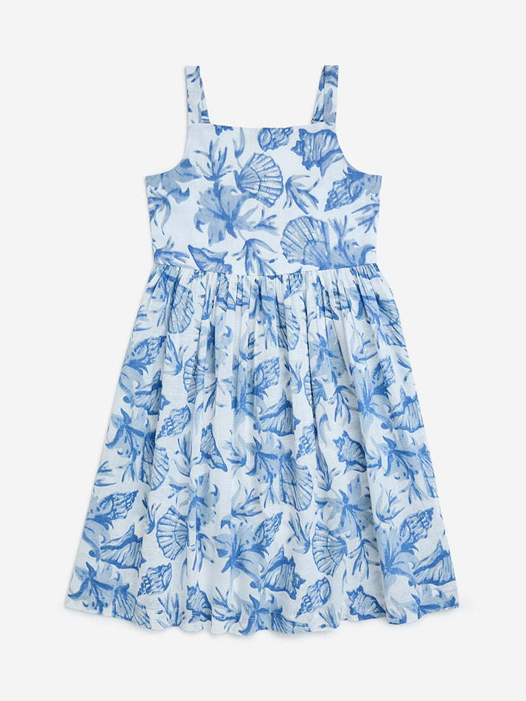 Utsa Kids Blue Sea-Shell Detailed Cotton A-Line Dress - (8-14yrs)