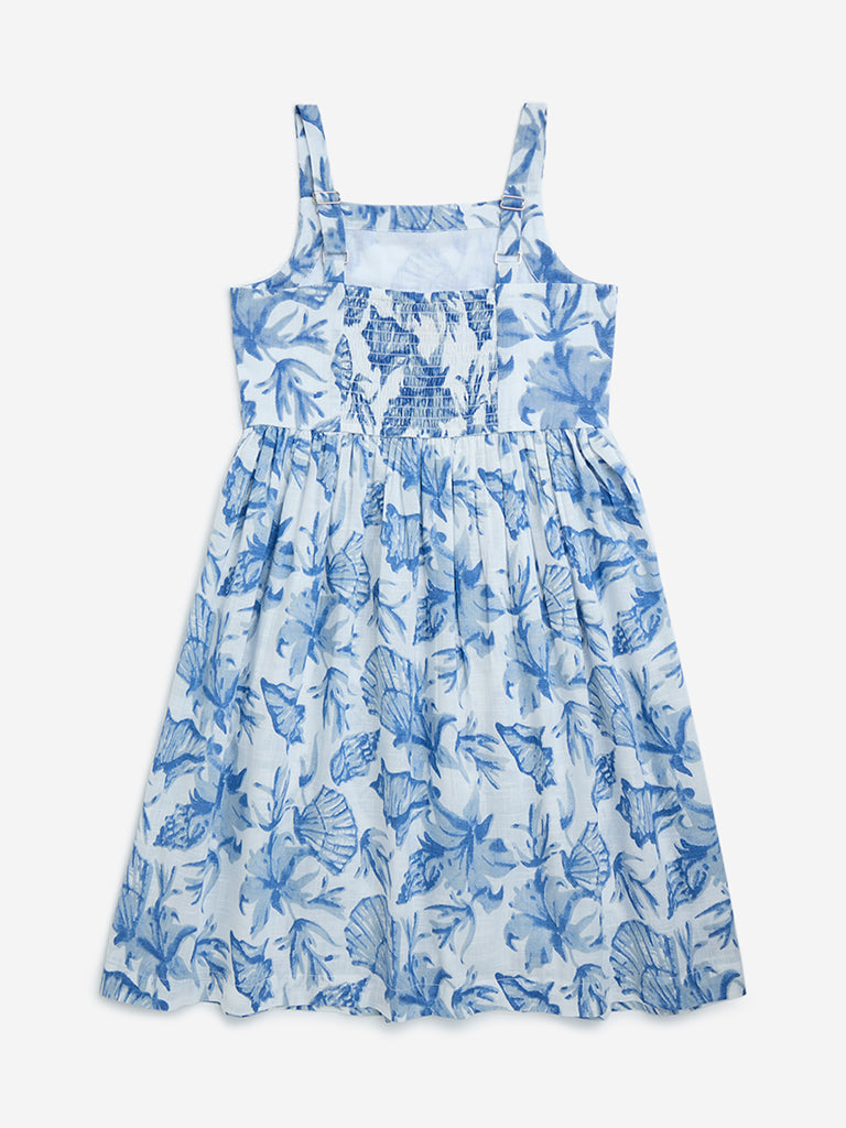 Utsa Kids Blue Sea-Shell Detailed Cotton A-Line Dress - (8-14yrs)