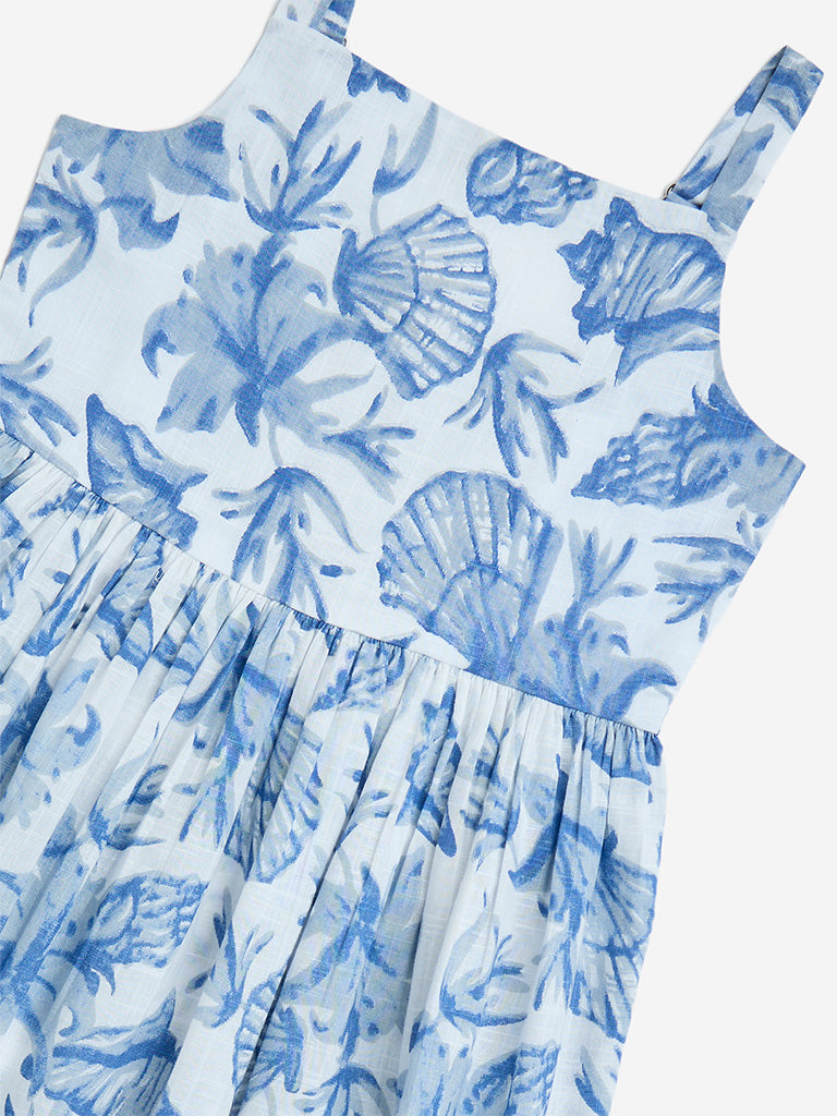 Utsa Kids Blue Sea-Shell Detailed Cotton A-Line Dress - (8-14yrs)