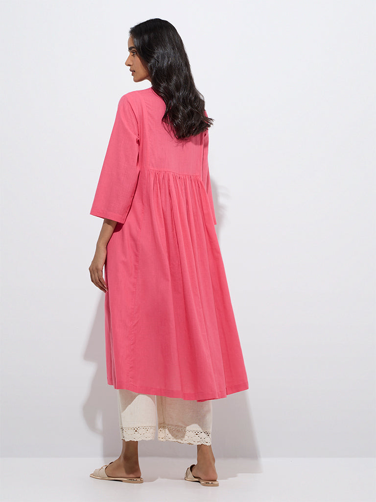 westisde Utsa Women's Pink Floral Embroidered Cotton A-Line Kurta for Work Wear Back View