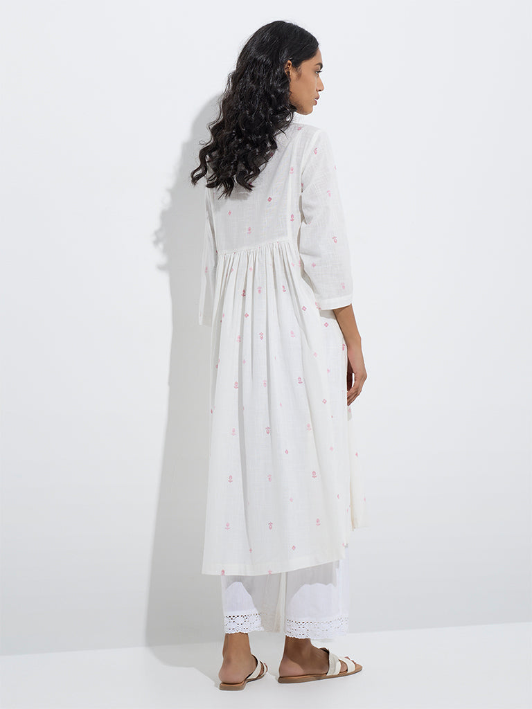 westisde Utsa Women's White Floral Embroidered A-Line Cotton Kurta for Work Wear Back View