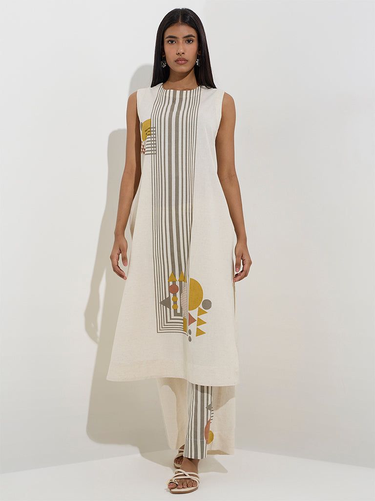 Utsa Off-White Geometric Design A-Line Cotton-Blend Kurta