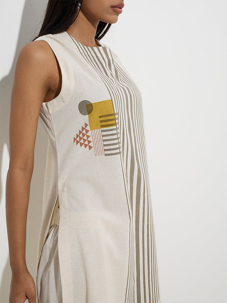 Utsa Off-White Geometric Design A-Line Cotton-Blend Kurta