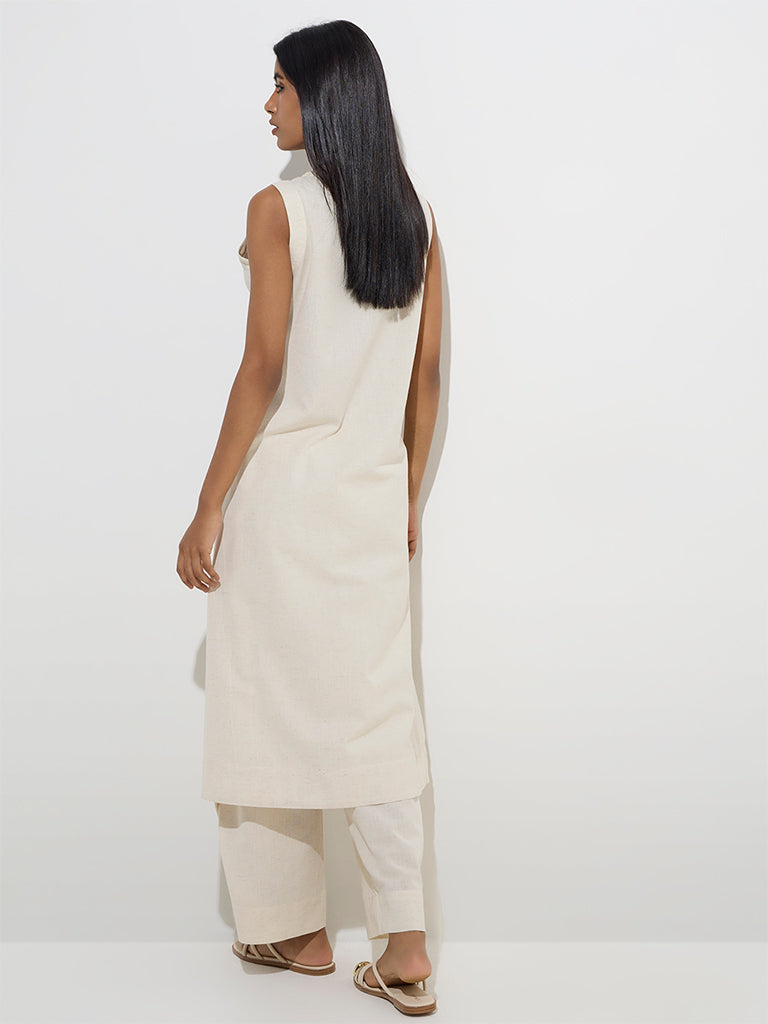 westisde Utsa Women's Off-White Geometric Design A-Line Cotton-Blend Kurta for Work Wear Back View