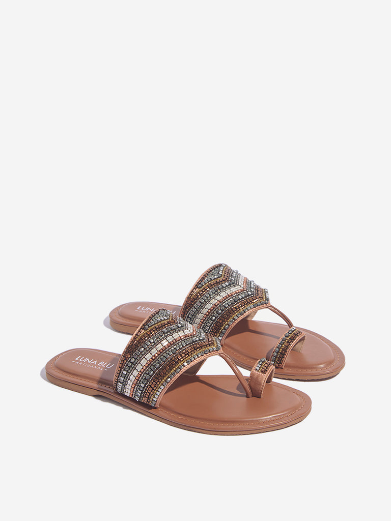 LUNA BLU Tan Embellished Toe-Ring Sandals