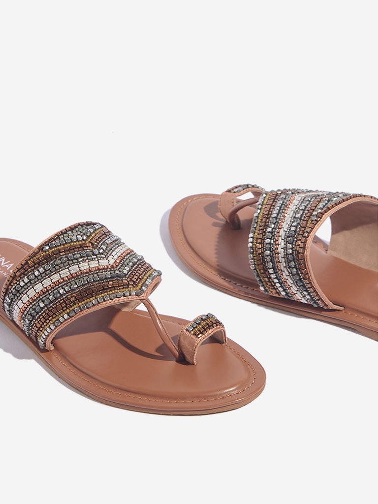 LUNA BLU Tan Embellished Toe-Ring Sandals