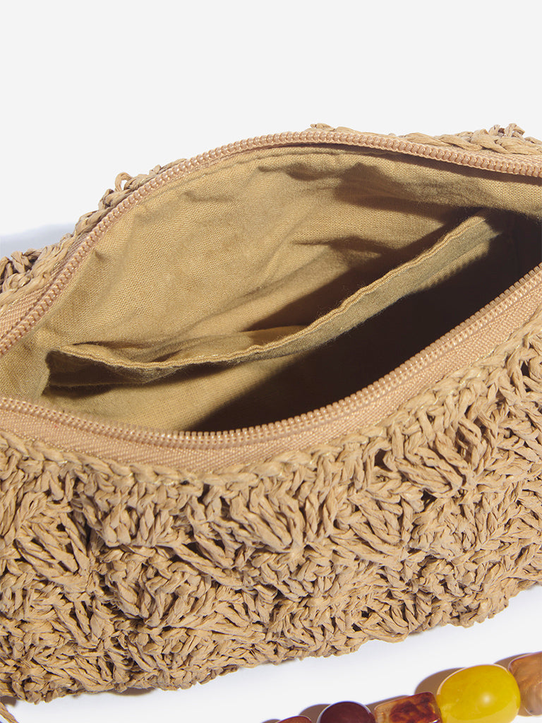 Westside Beige Raffia Beaded Sling Bag