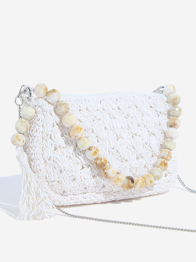 Westside White Raffia Beaded Sling Bag