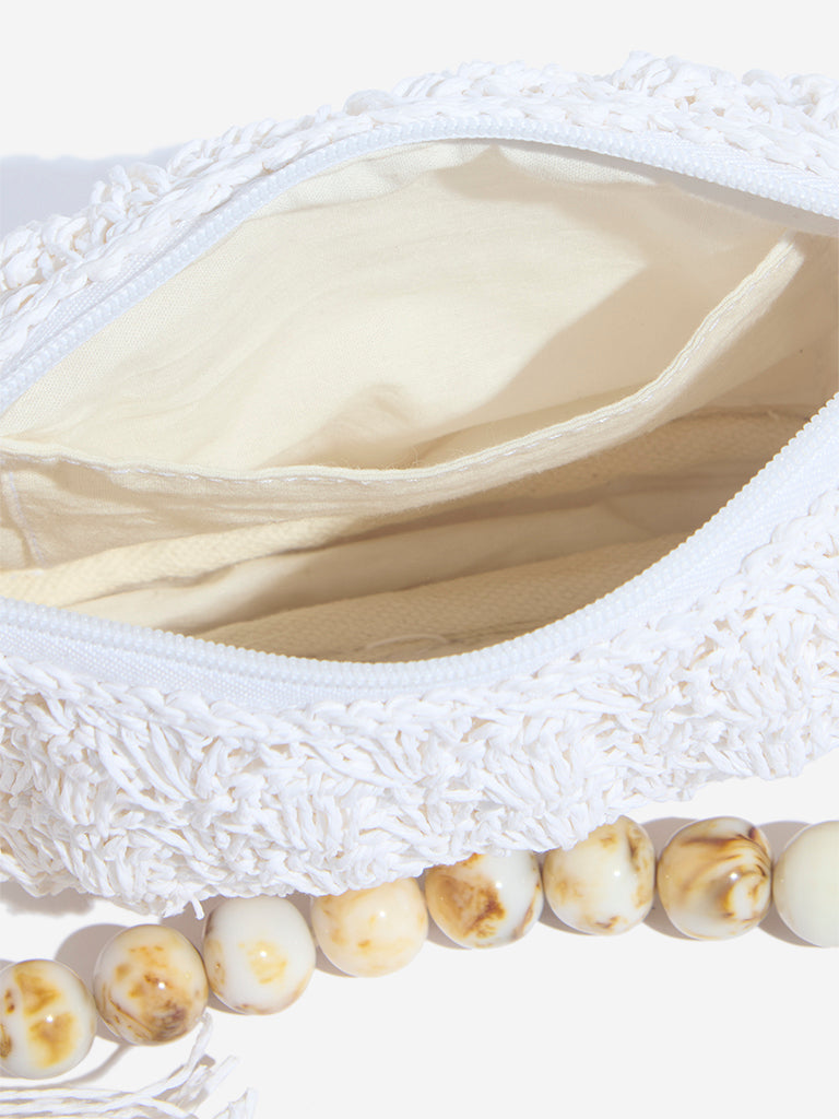 Westside White Raffia Beaded Sling Bag