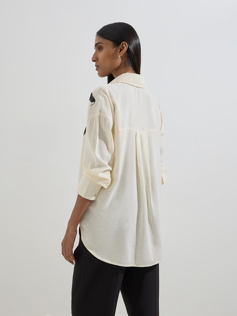 Westside Wardrobe Women's Cream Leaf Patterned Shirt for Work Wear Back View