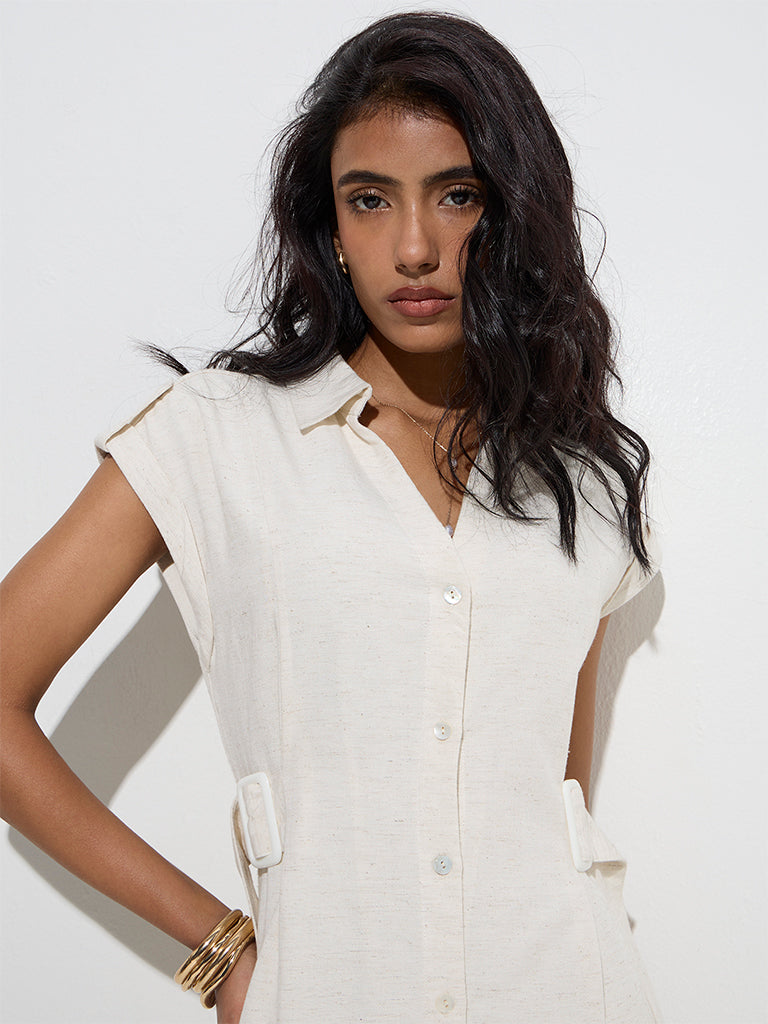 LOV Off-White Solid Linen-Blend Shirt Dress with Belt