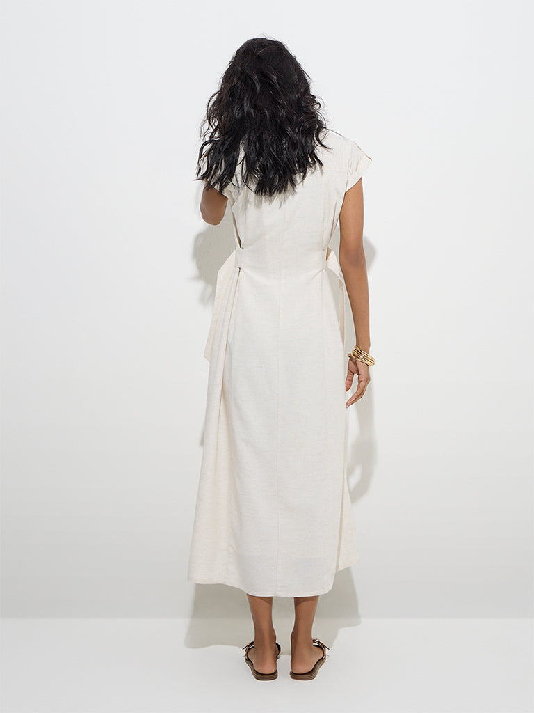 Westside LOV Women's Off-White Solid Linen-Blend Shirt Dress with Belt for Casual Wear Back View