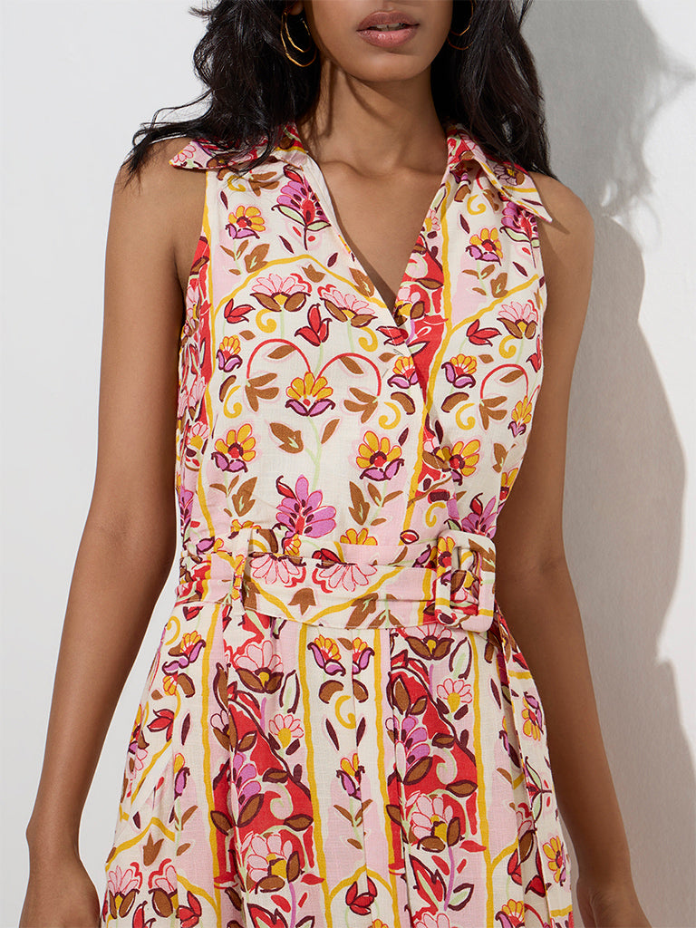 LOV Multicolour Floral Design A-Line Dress with Belt