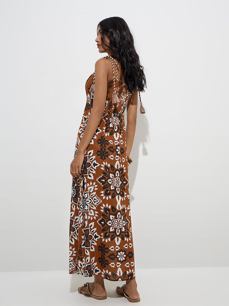 Westside LOV Women's Brown Floral Design A-Line Dress for Casual Wear Back View