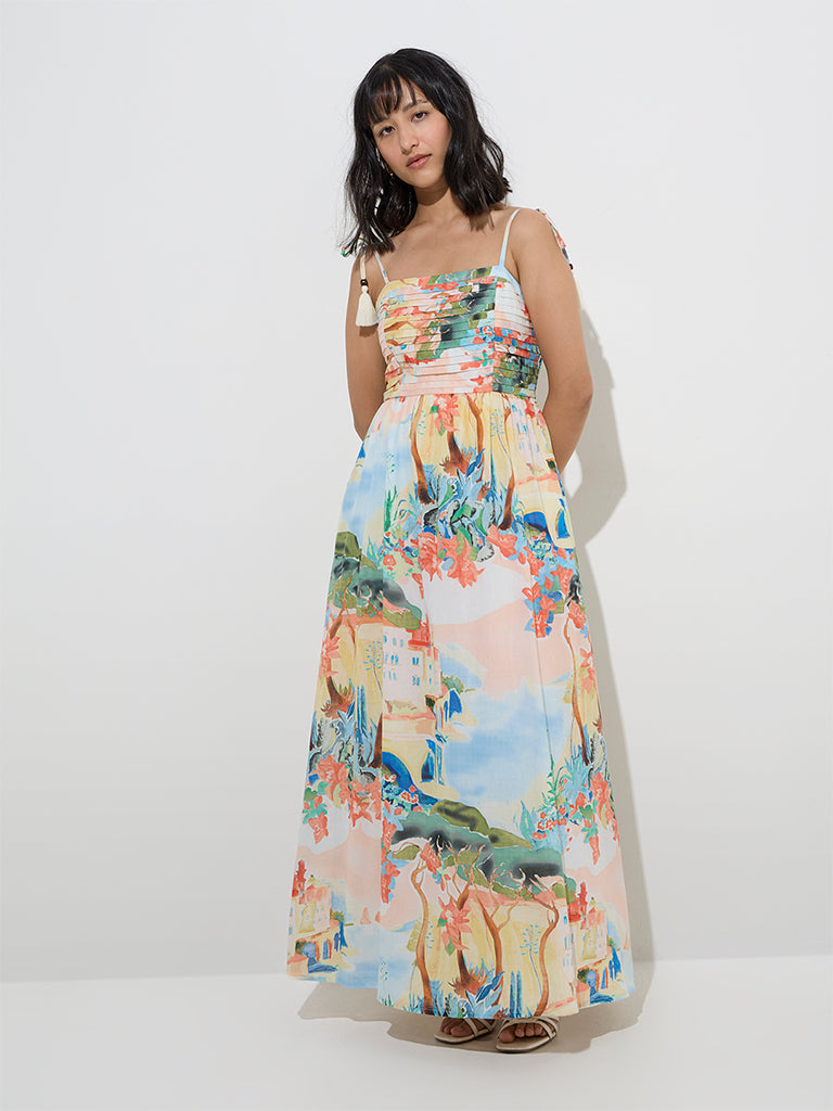 Westside LOV Women's Multicolour Scenic-Inspired Cotton A-Line Dress for Casual Wear Full Model View