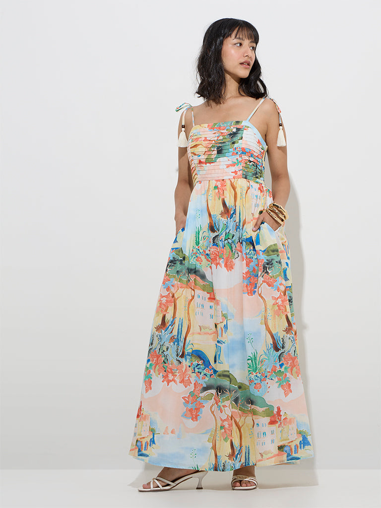 Westside LOV Women's Multicolour Scenic-Inspired Cotton A-Line Dress for Casual Wear Front View