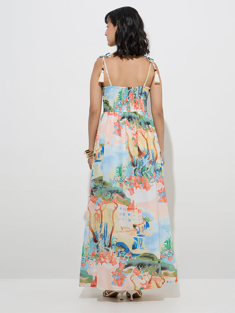 Westside LOV Women's Multicolour Scenic-Inspired Cotton A-Line Dress for Casual Wear Back View