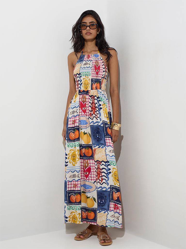 Westside LOV Women's Multicolour Printed Cotton-Blend A-Line Dress for Casual Wear Front View