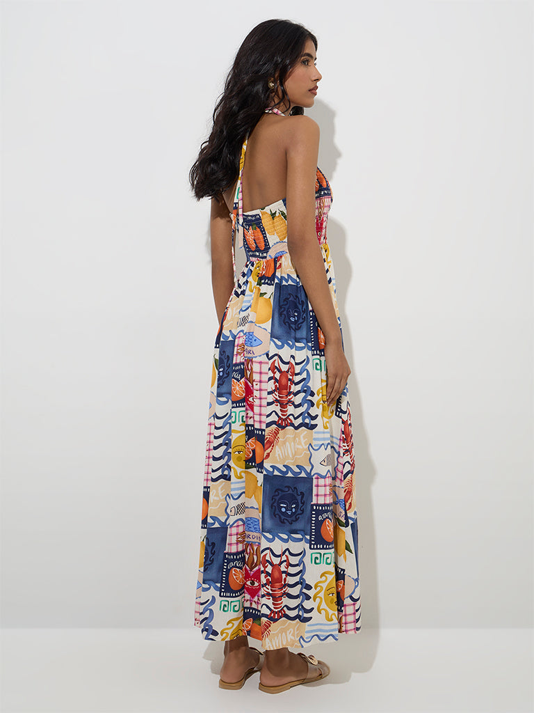 Westside LOV Women's Multicolour Printed Cotton-Blend A-Line Dress for Casual Wear Back View