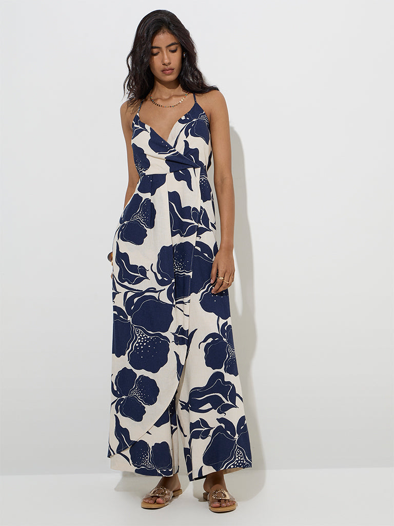 LOV Navy Botanical Printed Cotton-Blend Jumpsuit