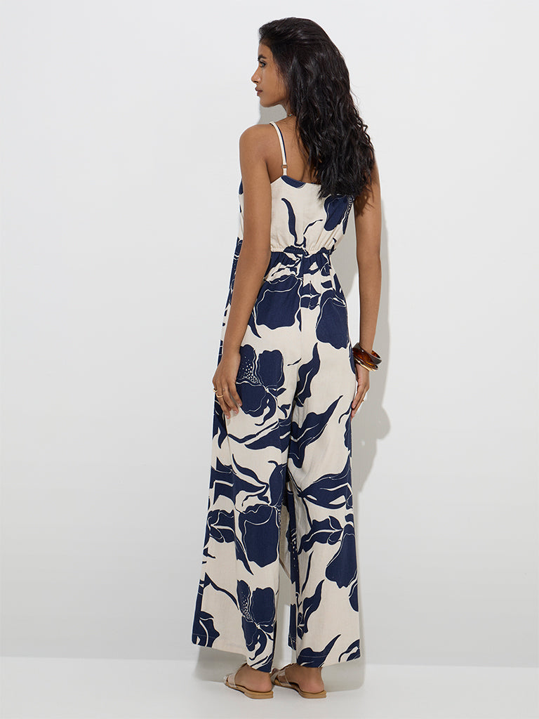 Westside LOV Women's Navy Botanical Printed Cotton-Blend Jumpsuit for Casual Wear Back View
