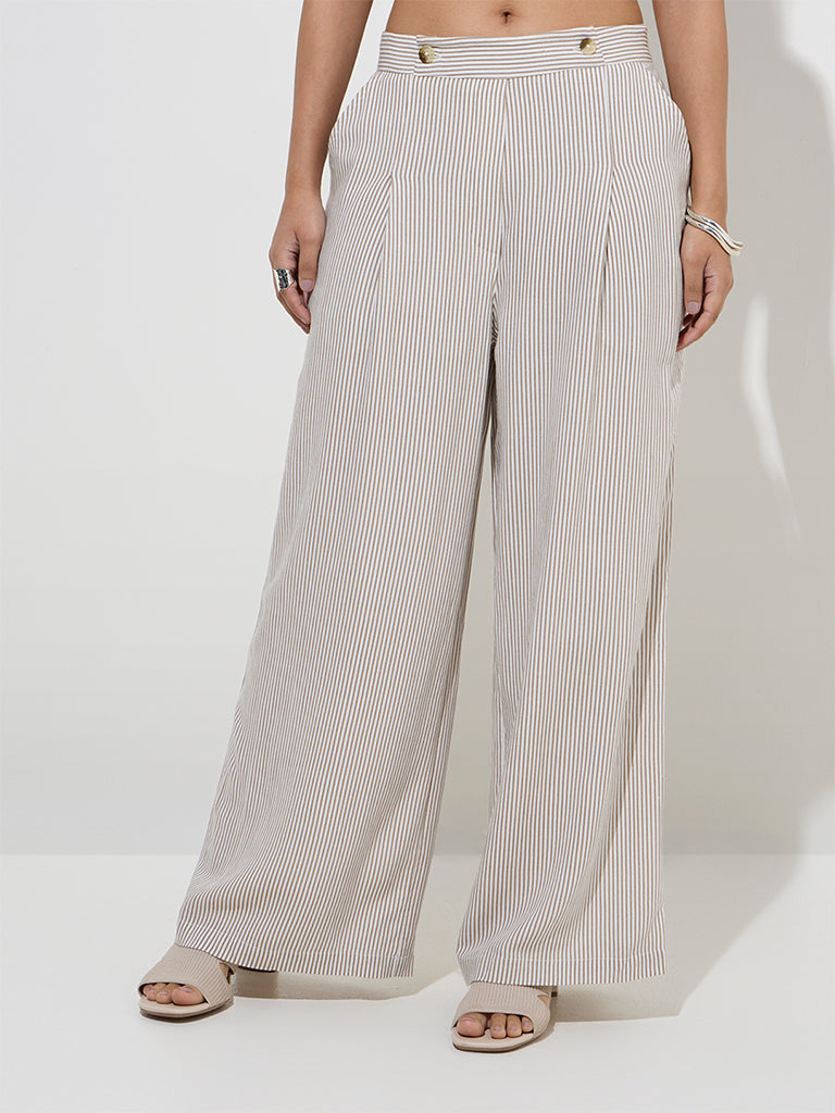 LOV Taupe Striped Mid-Rise Trousers