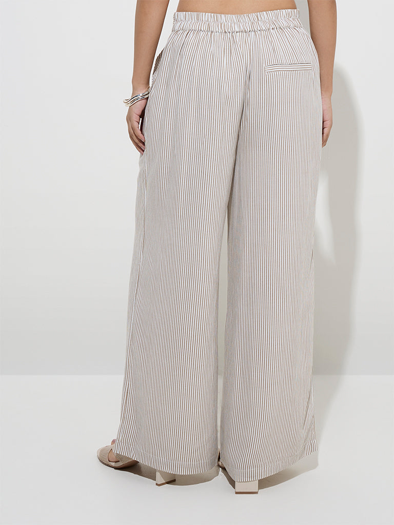 LOV Taupe Striped Mid-Rise Trousers