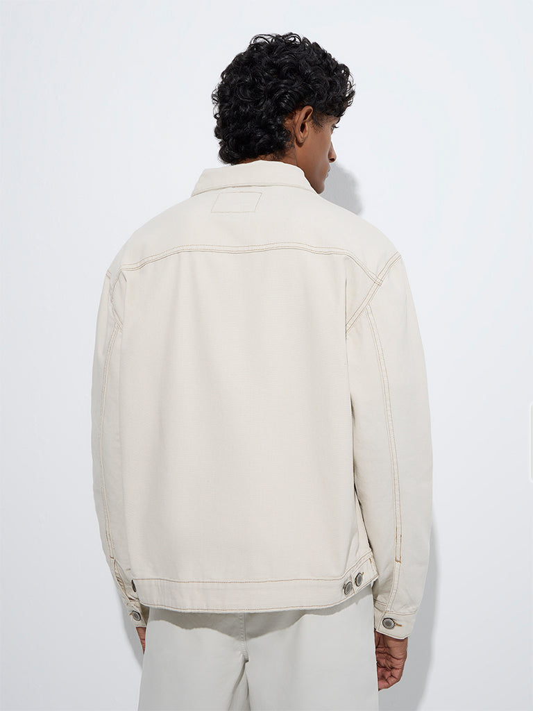 westisde WES Casuals Men's Light Beige Relaxed-Fit Cotton Jacket for Casual Wear Back View