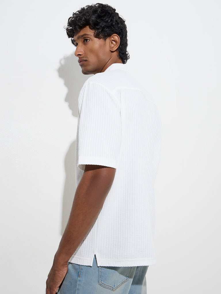 Westside WES Casuals Men's White Seersucker Striped Slim-Fit Cotton Shirt for Casual Wear Back View