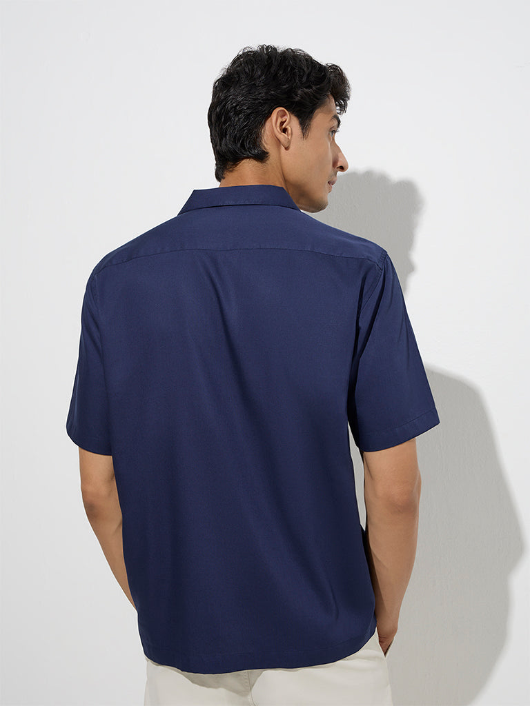 Westside WES Casuals Men's Navy Solid Relaxed-Fit Shirt for Casual Wear Back View