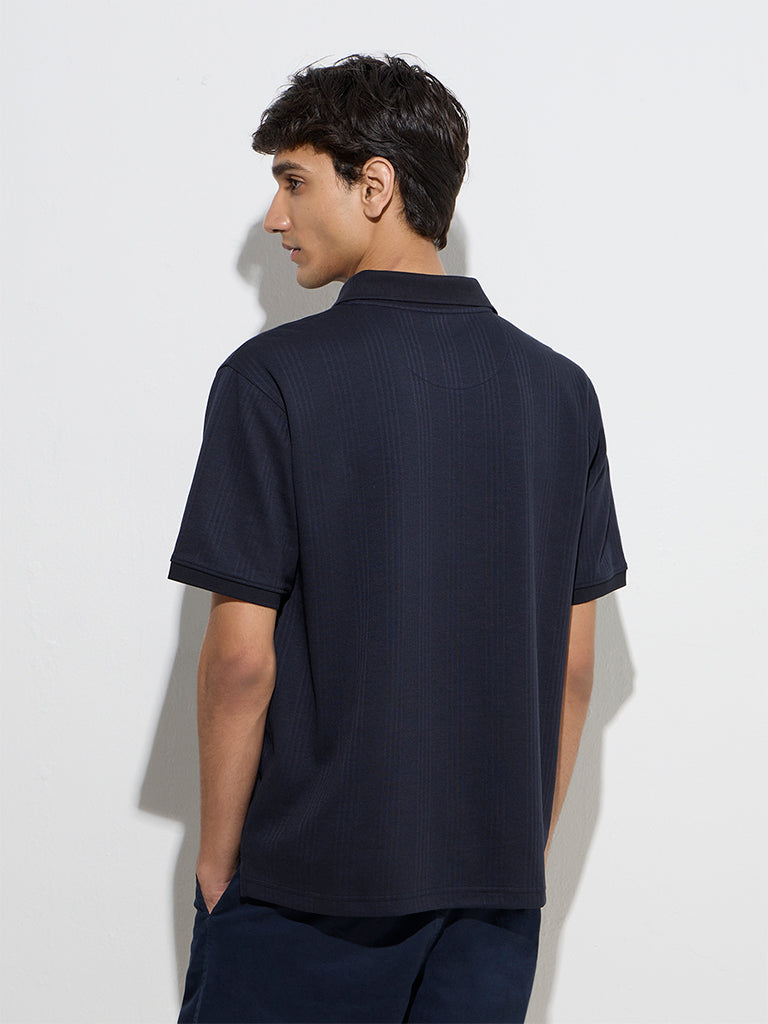 Westside WES Casuals Men's Navy Relaxed-Fit Cotton-Blend Polo T-Shirt for Casual Wear Back View