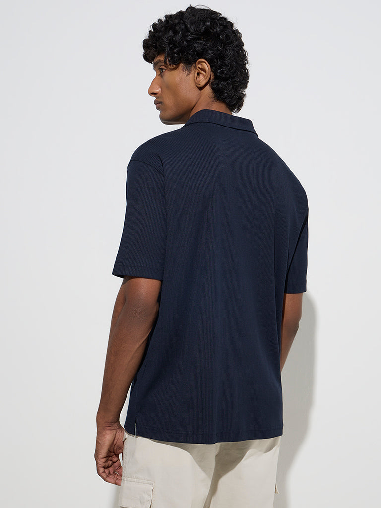 Westside WES Casuals Men's Navy Relaxed-Fit Cotton-Blend Polo T-Shirt for Casual Wear Back View