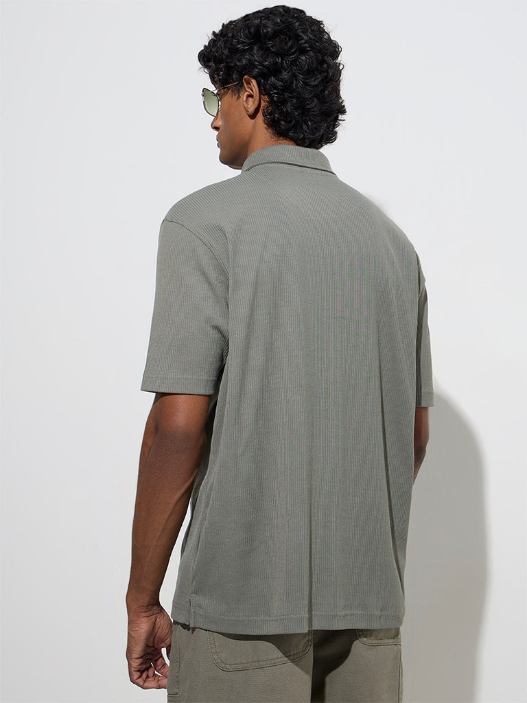 Westside WES Casuals Men's Olive Relaxed-Fit Cotton-Blend Polo T-Shirt for Casual Wear Back View