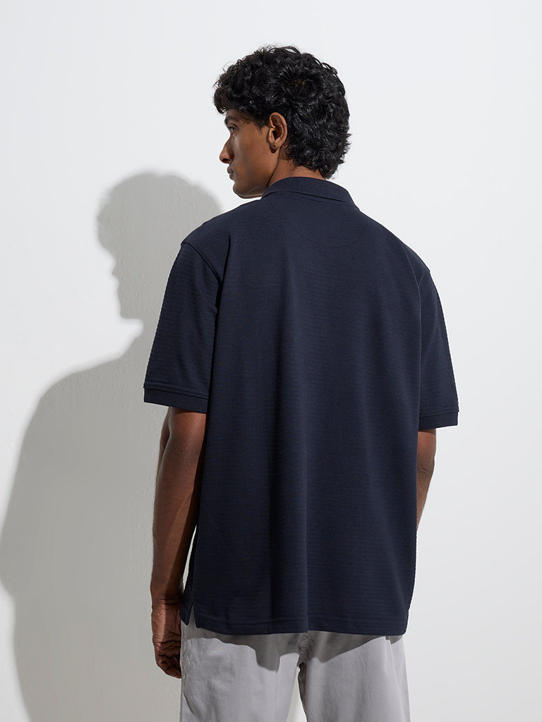 Westside WES Casuals Men's Navy Relaxed-Fit Cotton-Blend Polo T-Shirt for Casual Wear Back View